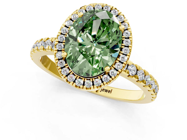 Yellow gold Fancy Green Oval Cut Halo Diamond Pave Band with Prong Setting