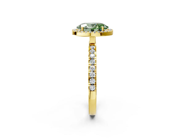 Yellow gold Fancy Green Oval Cut Halo Diamond Pave Band with Prong Setting