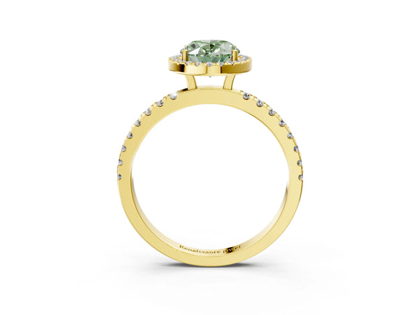 Yellow gold Fancy Green Oval Cut Halo Diamond Pave Band with Prong Setting