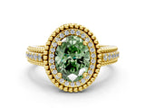 Yellow gold Fancy Green Oval Cut Halo Diamond Ring with Beaded Split Shank and Four-Prong Setting