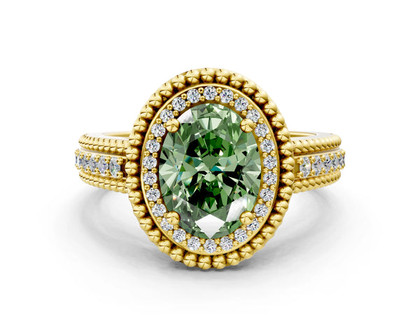 Yellow Gold Oval Beaded Halo Engagement Ring Setting for Fancy Green Center with Pave