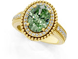 Yellow gold Fancy Green Oval Cut Halo Diamond Ring with Beaded Split Shank and Four-Prong Setting_1