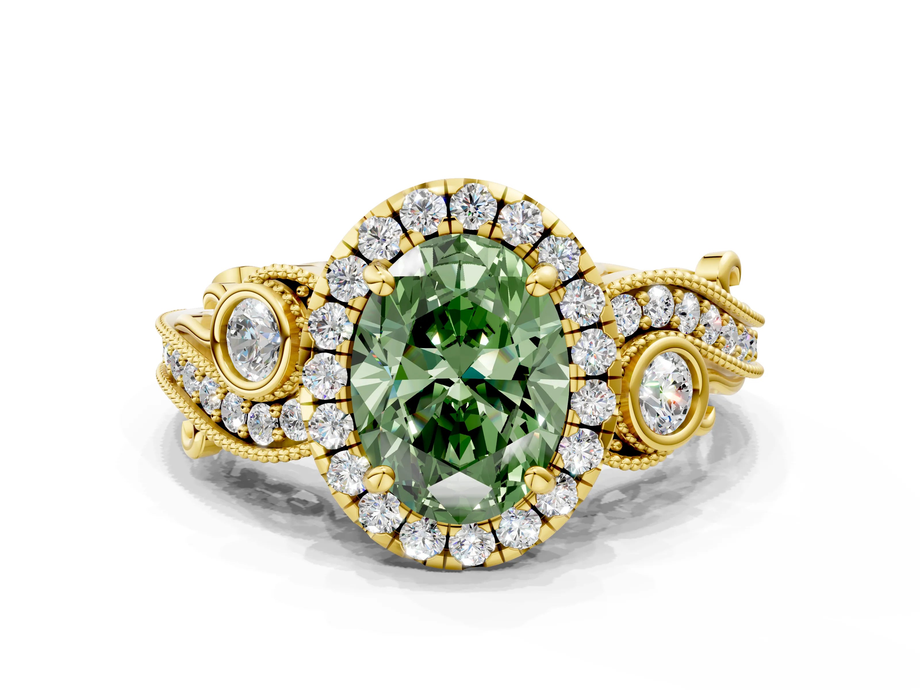 Yellow gold Fancy Green Oval Cut Halo Diamond Ring with Milgrain and Bezel Accents on a Split Shank Band