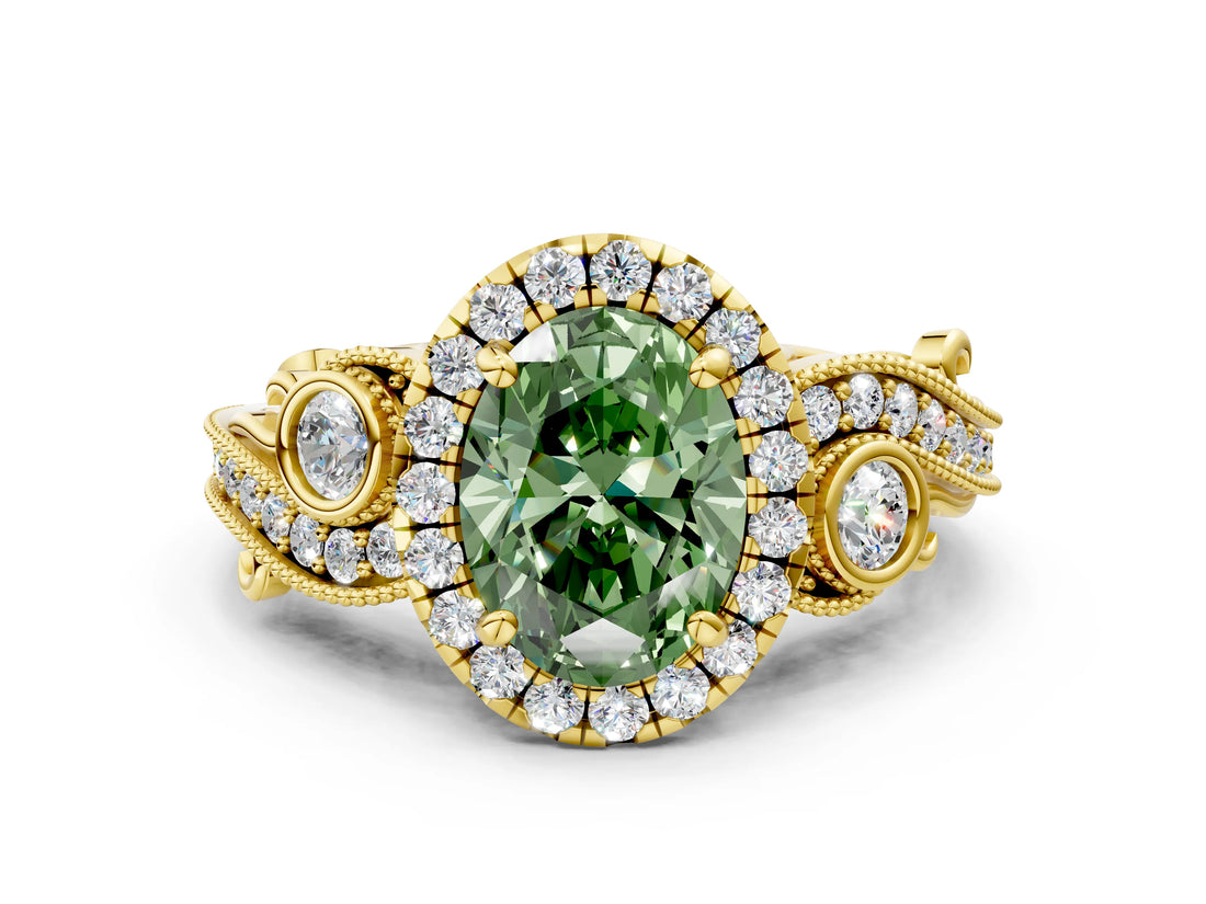 Yellow gold Fancy Green Oval Cut Halo Diamond Ring with Milgrain and Bezel Accents on a Split Shank Band_12