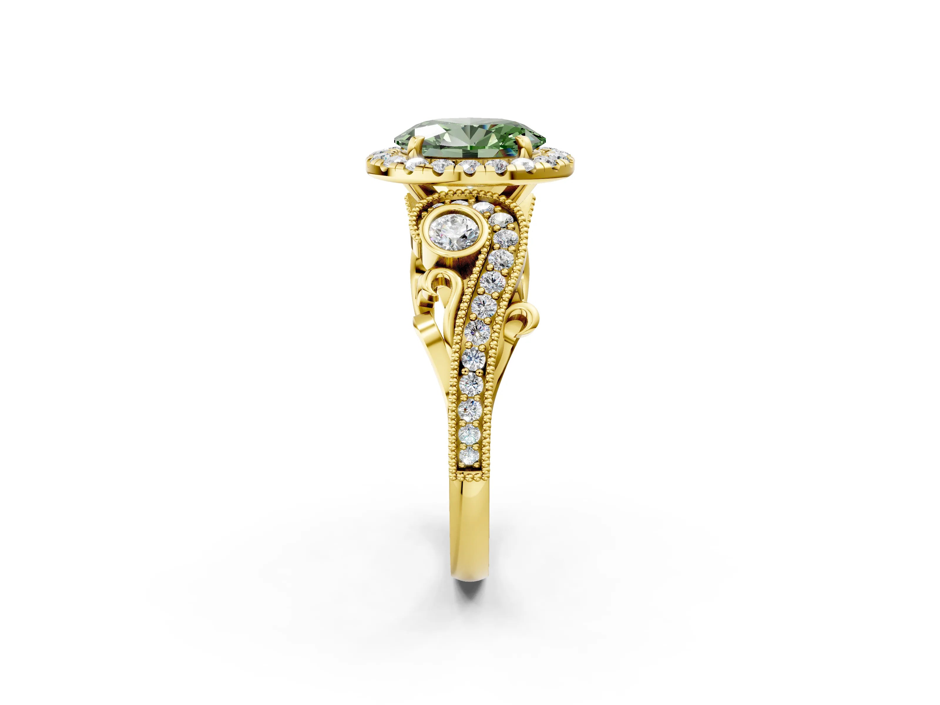 Yellow gold Fancy Green Oval Cut Halo Diamond Ring with Milgrain and Bezel Accents on a Split Shank Band_2