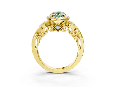 Yellow gold Fancy Green Oval Cut Halo Diamond Ring with Milgrain and Bezel Accents on a Split Shank Band_3