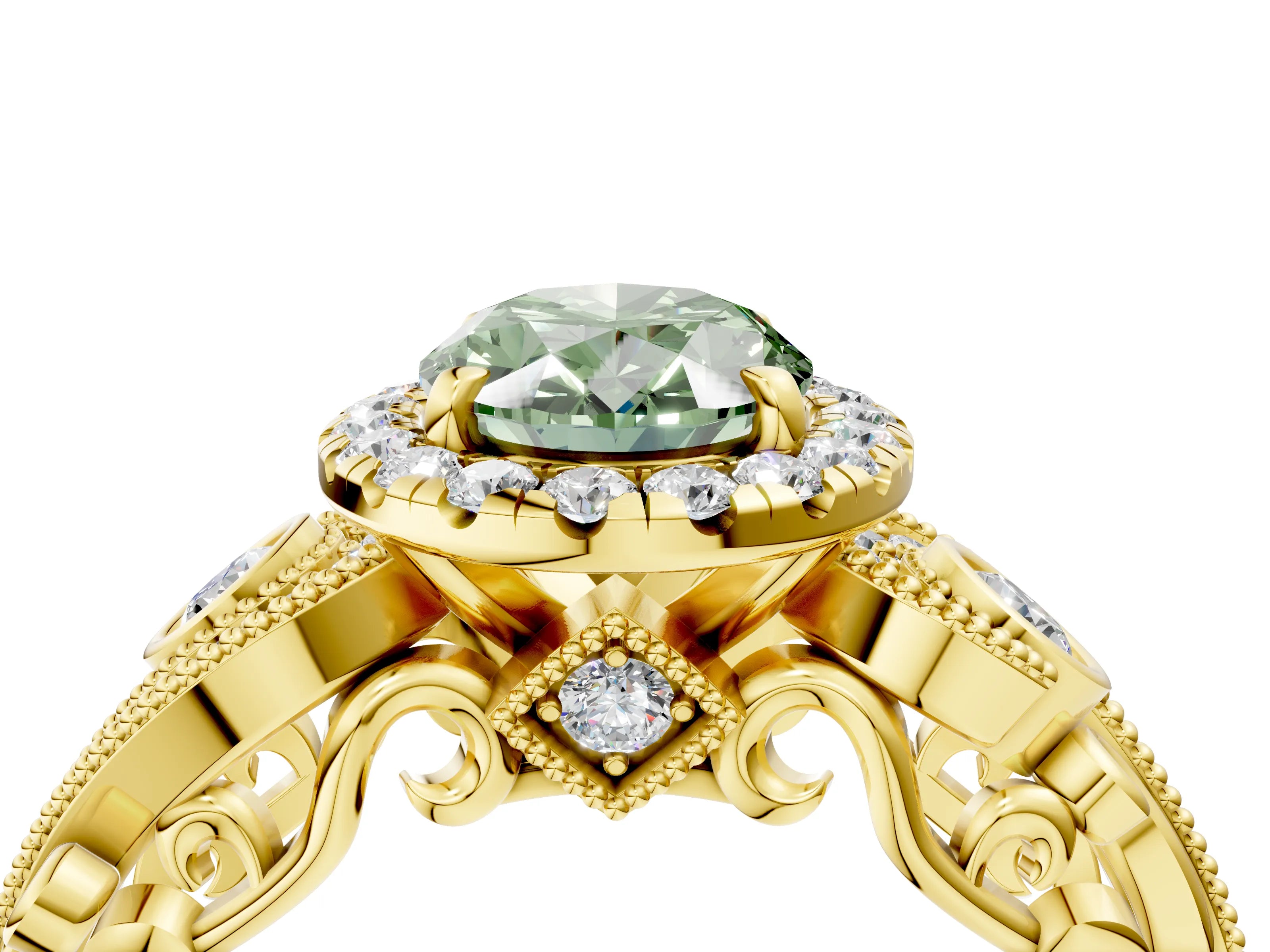 Yellow gold Fancy Green Oval Cut Halo Diamond Ring with Milgrain and Bezel Accents on a Split Shank Band_4