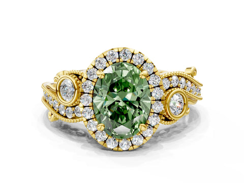 Yellow gold Fancy Green Oval Cut Halo Diamond Ring with Milgrain and Bezel Accents on a Split Shank Band