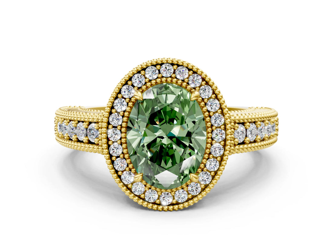 Yellow gold Fancy Green Oval  Cut Halo Diamond Ring with Pavé Band and Four-Prong Setting_69