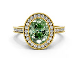 Yellow gold Fancy Green Oval  Cut Halo Diamond Ring with Pavé Band and Milgrain Prong Setting_32