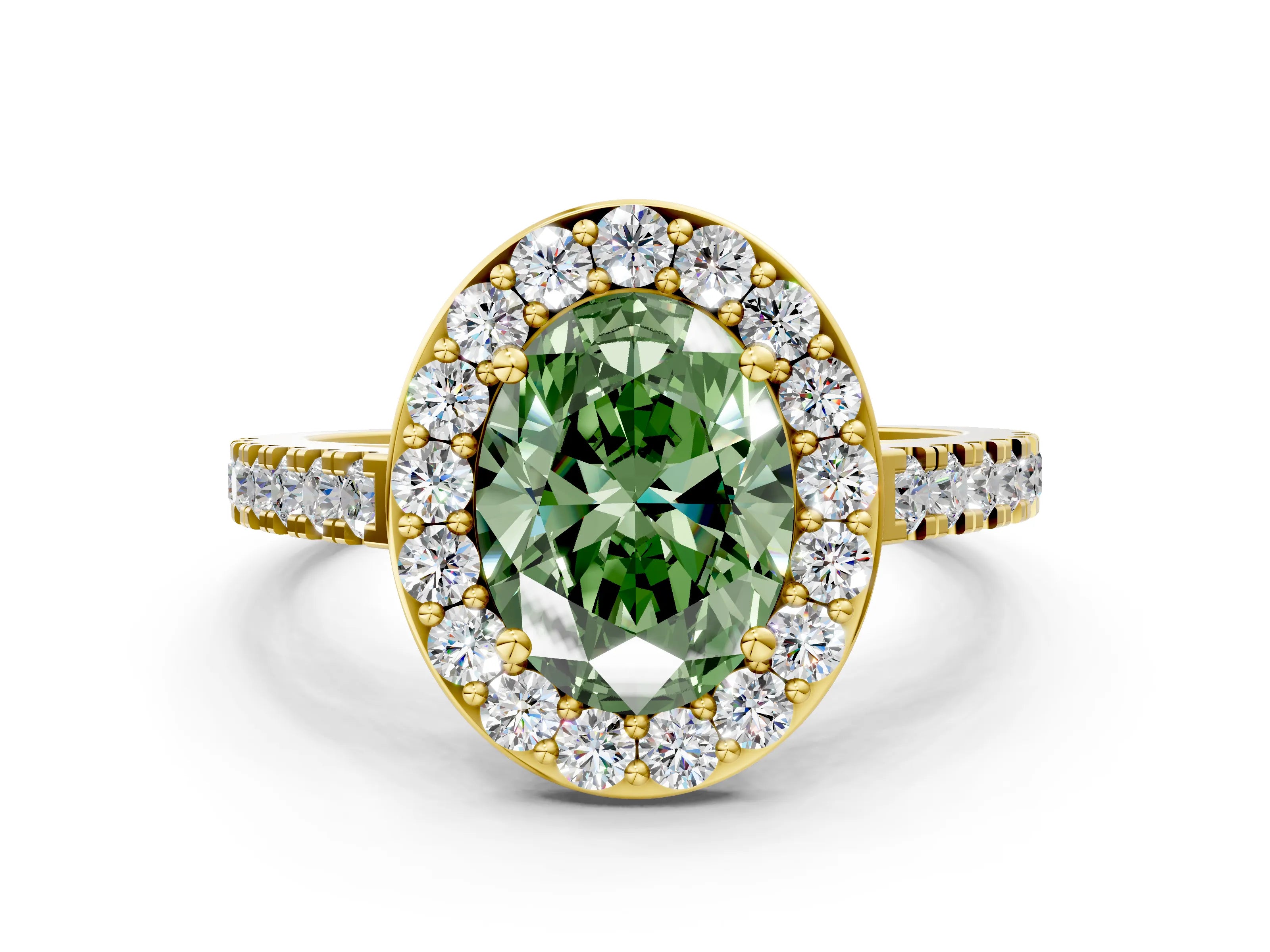 Yellow gold Fancy Green Oval Cut Halo Diamond Ring with Pavé Band and Three-Prong Setting