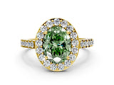 Yellow gold Fancy Green Oval Cut Halo Diamond Ring with Pavé Band and Three-Prong Setting