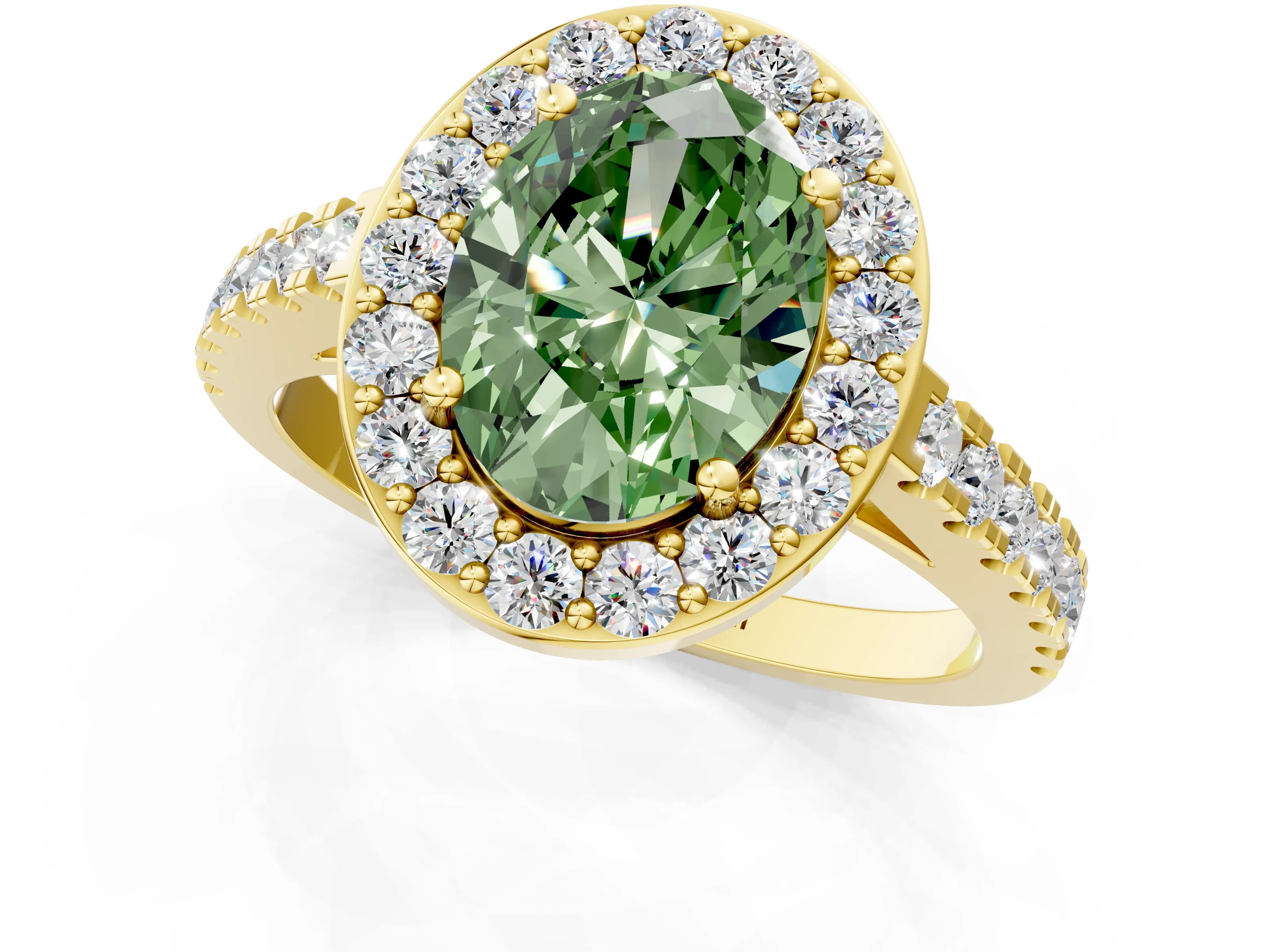 Yellow gold Fancy Green Oval Cut Halo Diamond Ring with Pavé Band and Three-Prong Setting_1