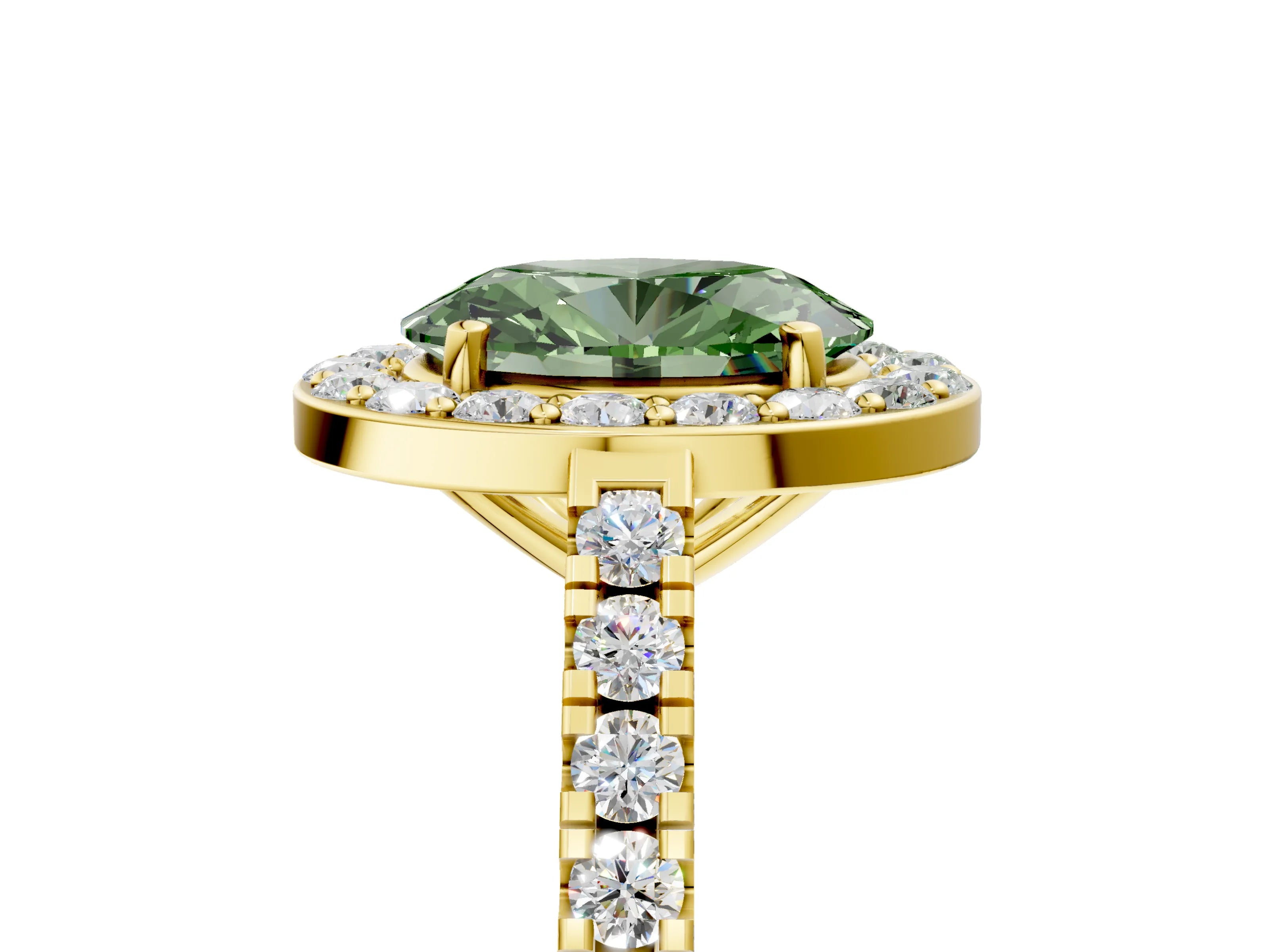 Yellow gold Fancy Green Oval Cut Halo Diamond Ring with Pavé Band and Three-Prong Setting_5