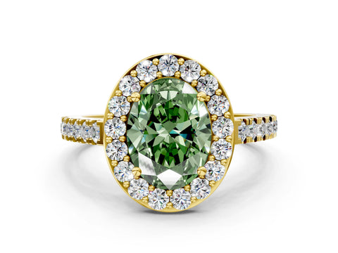 Yellow gold Fancy Green Oval Cut Halo Diamond Ring with Pavé Band and Three-Prong Setting