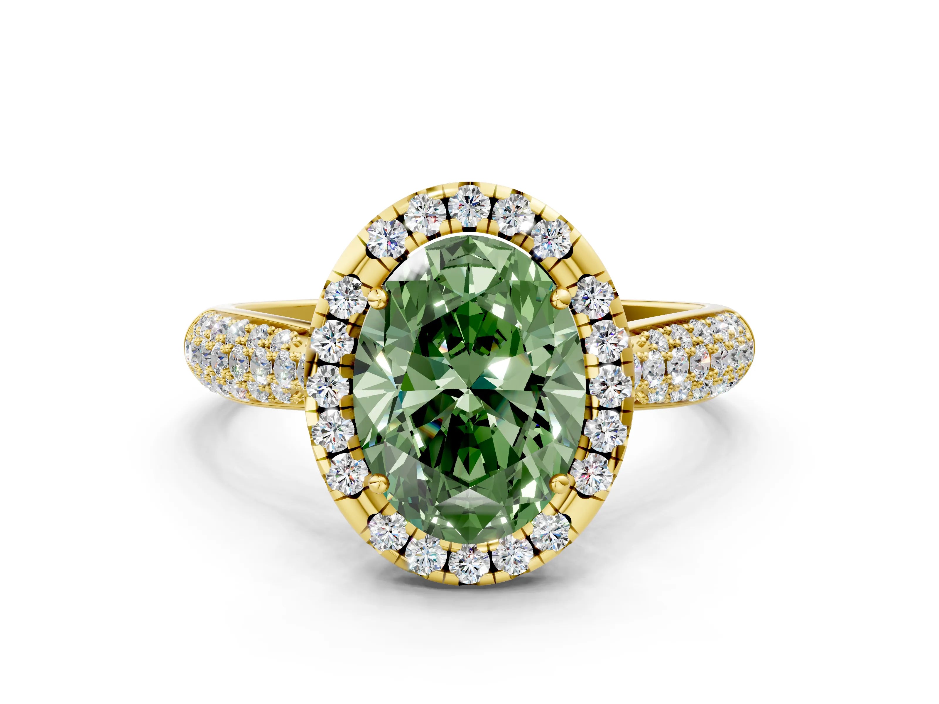 Yellow gold Fancy Green Oval Cut Halo Diamond Ring with Pavé Band
