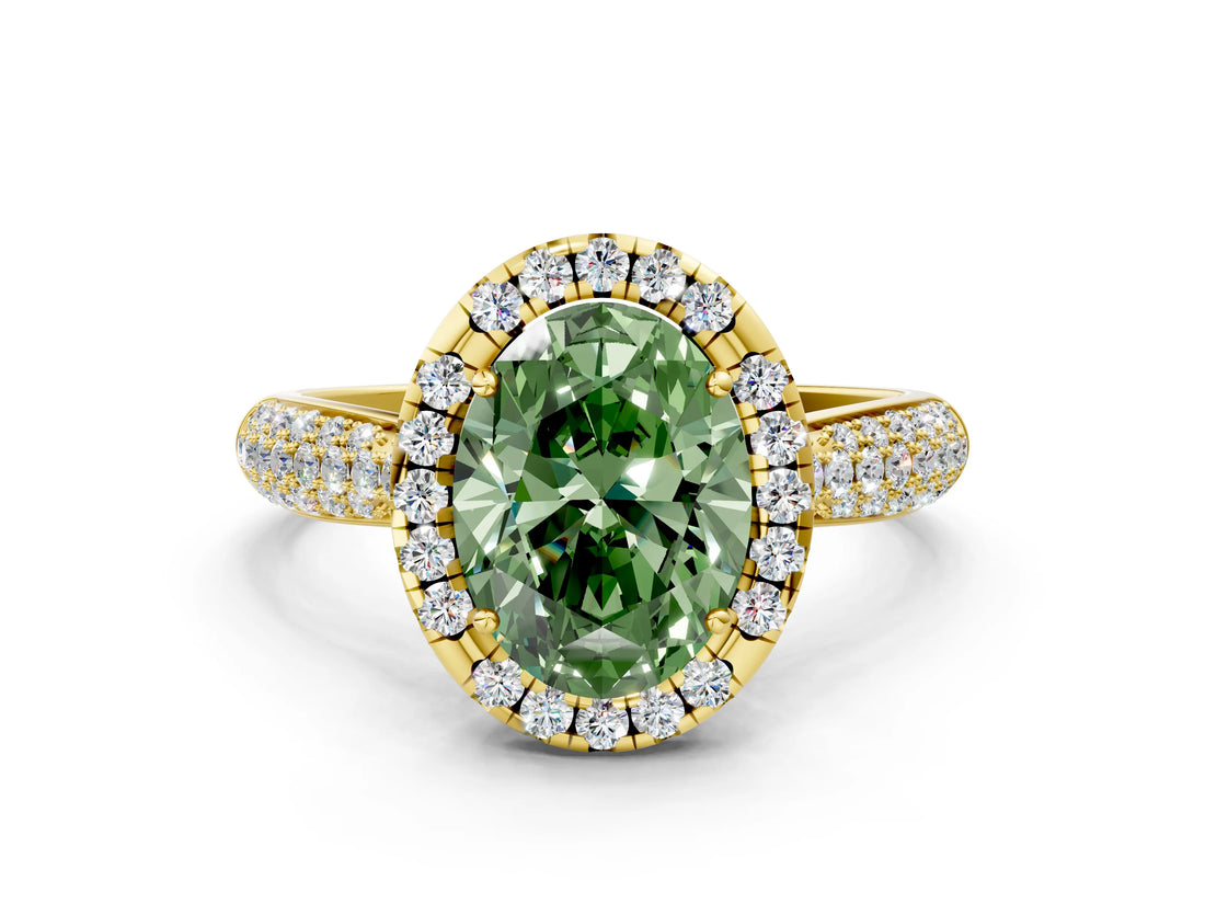 Yellow gold Fancy Green Oval Cut Halo Diamond Ring with Pavé Band