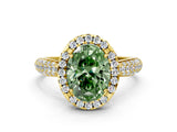 Yellow gold Fancy Green Oval Cut Halo Diamond Ring with Pavé Band