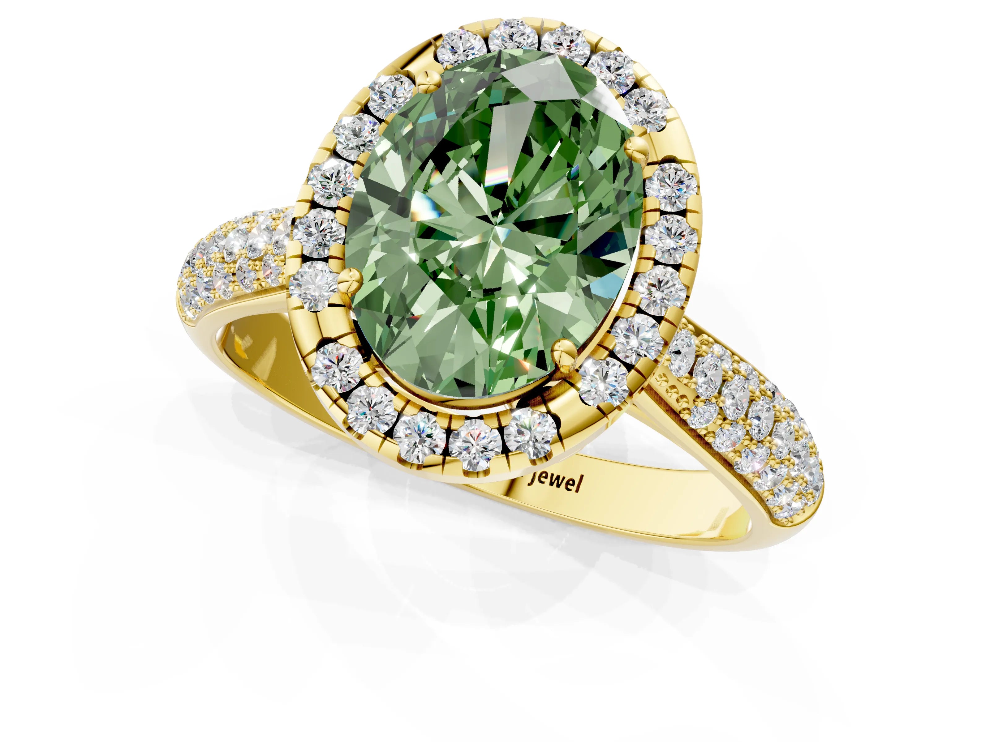 Yellow gold Fancy Green Oval Cut Halo Diamond Ring with Pavé Band_1