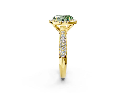 Yellow gold Fancy Green Oval Cut Halo Diamond Ring with Pavé Band_2