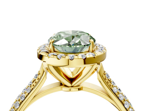 Yellow gold Fancy Green Oval Cut Halo Diamond Ring with Pavé Band_4