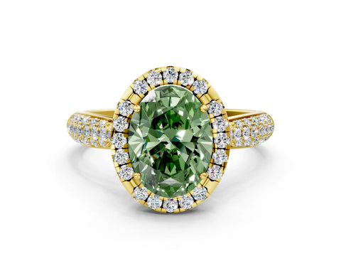 Yellow gold Fancy Green Oval Cut Halo Diamond Ring with Pavé Band