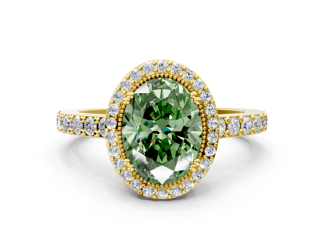 Yellow gold Fancy Green Oval  Cut Halo Diamond Ring with Pave Band and Four-Prong Setting_24