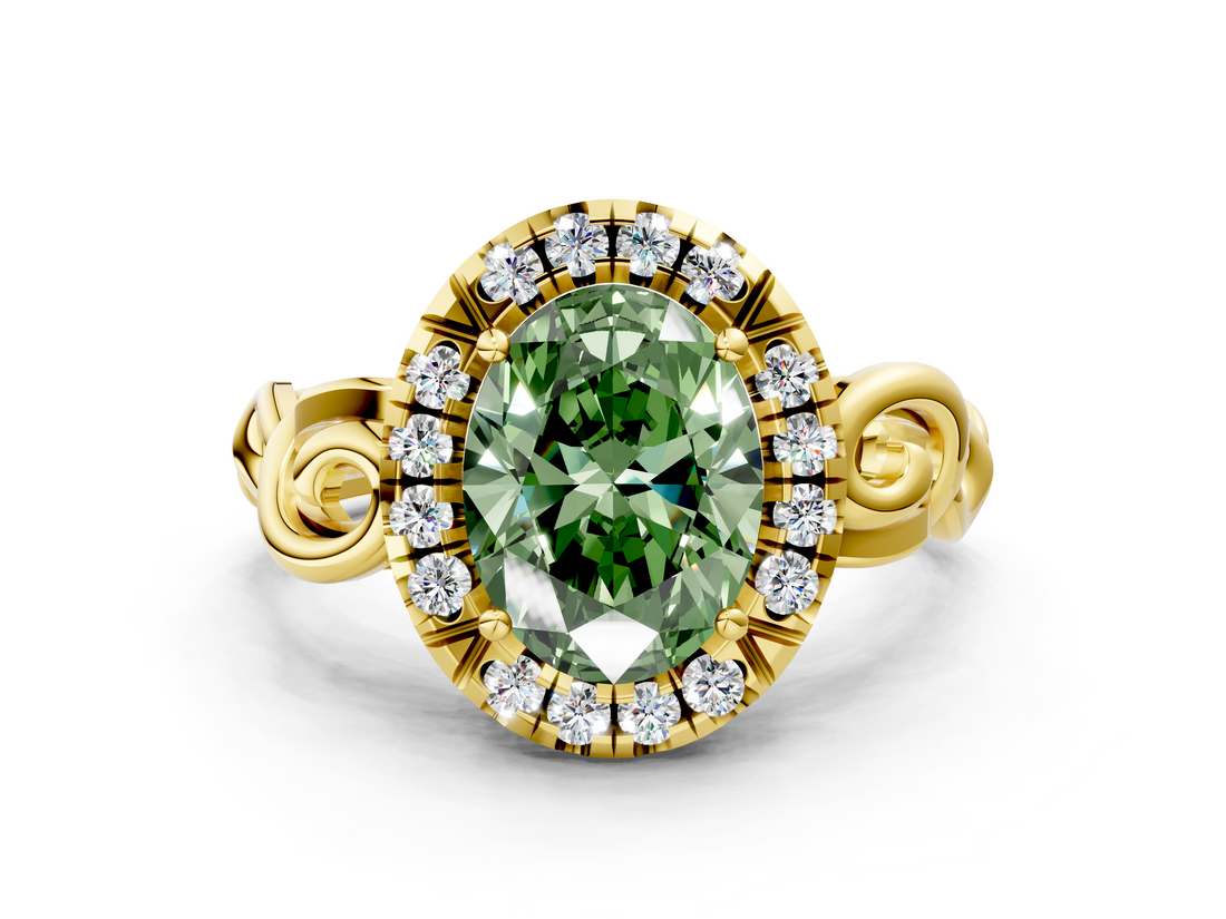 Yellow gold Fancy Green Oval  Cut Halo Diamond Ring with Scrollwork Band and Four-Prong Setting_132