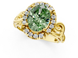 Yellow gold Fancy Green Oval  Cut Halo Diamond Ring with Scrollwork Band and Four-Prong Setting_133