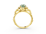 Yellow gold Fancy Green Oval  Cut Halo Diamond Ring with Scrollwork Band and Four-Prong Setting_135