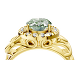 Yellow gold Fancy Green Oval  Cut Halo Diamond Ring with Scrollwork Band and Four-Prong Setting_136