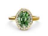 Yellow gold Fancy Green Oval Cut Halo Diamond Ring with Solitaire Band and Prong Setting