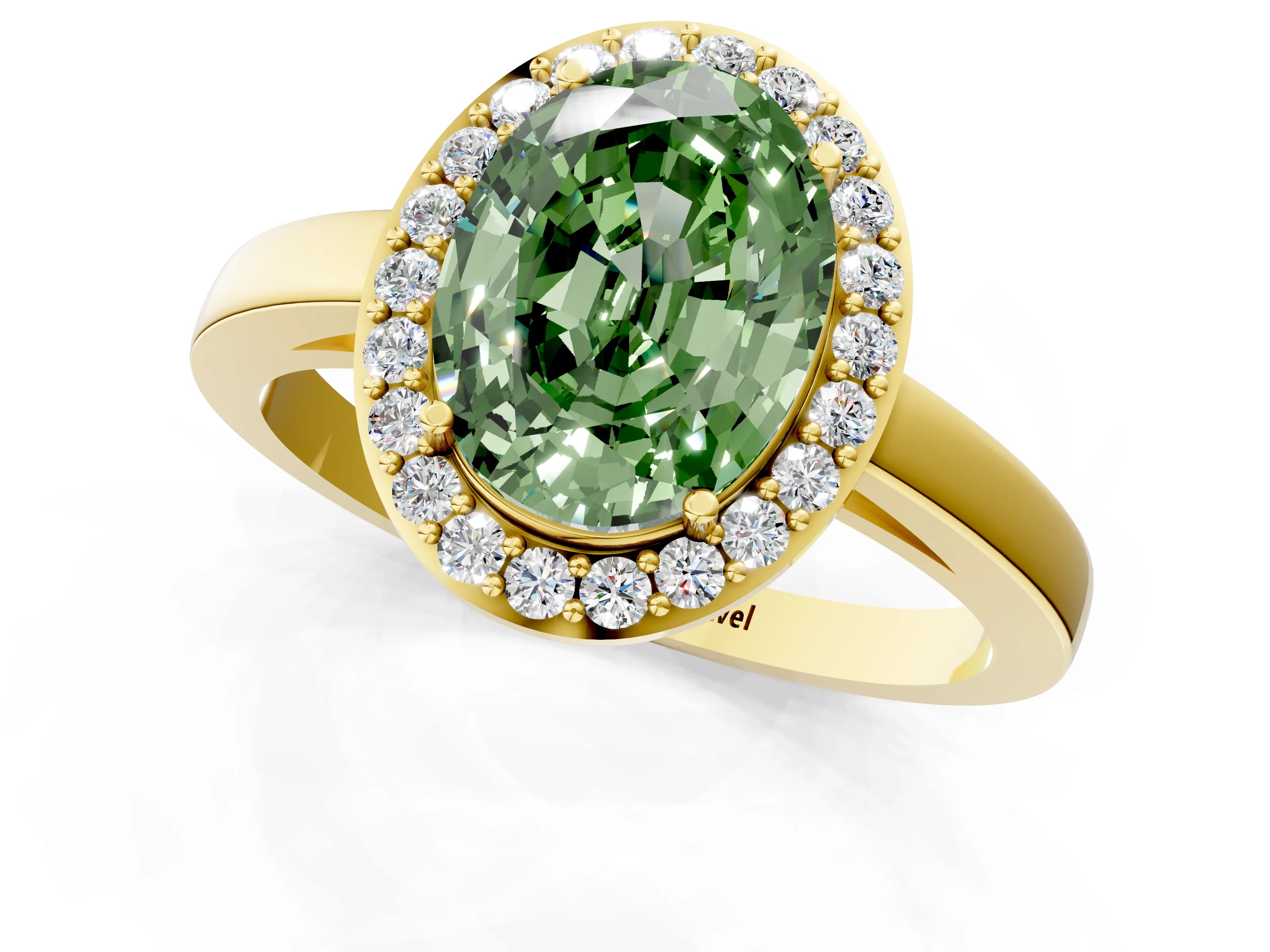 Yellow gold Fancy Green Oval Cut Halo Diamond Ring with Solitaire Band and Prong Setting_1