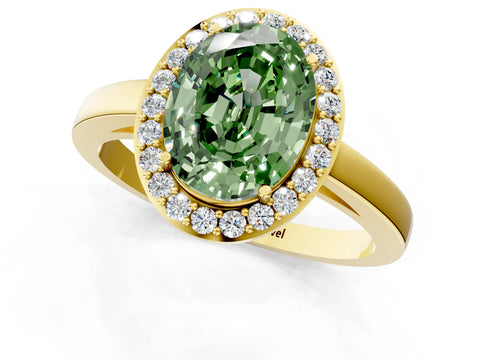 Yellow gold Fancy Green Oval Cut Halo Diamond Ring with Solitaire Band and Prong Setting_1