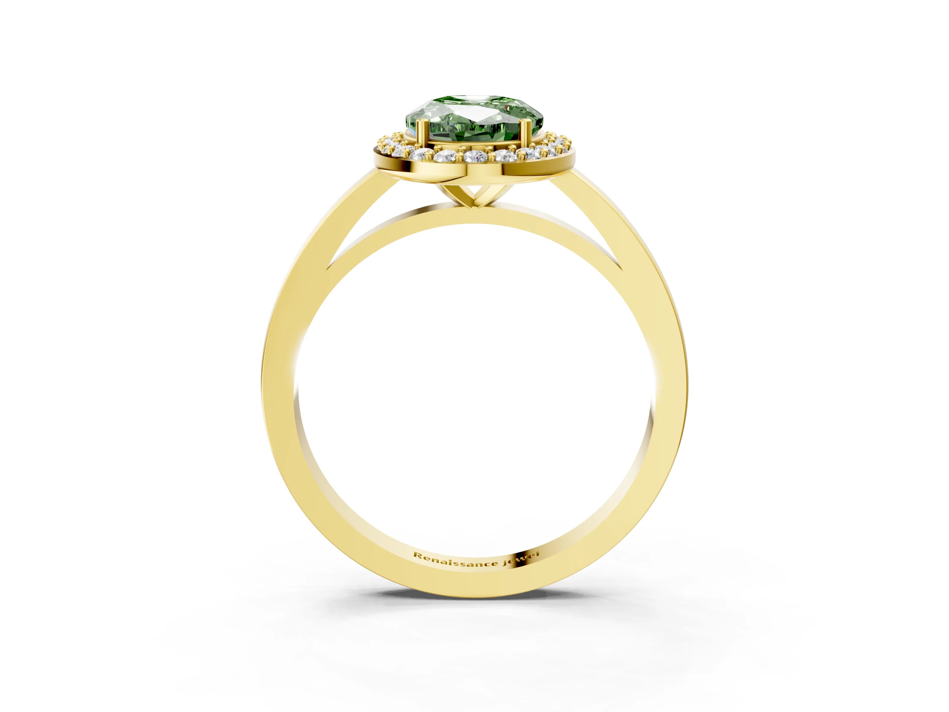 Yellow gold Fancy Green Oval Cut Halo Diamond Ring with Solitaire Band and Prong Setting_3