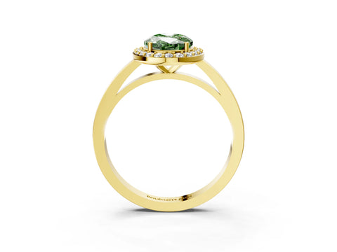 Yellow gold Fancy Green Oval Cut Halo Diamond Ring with Solitaire Band and Prong Setting_3