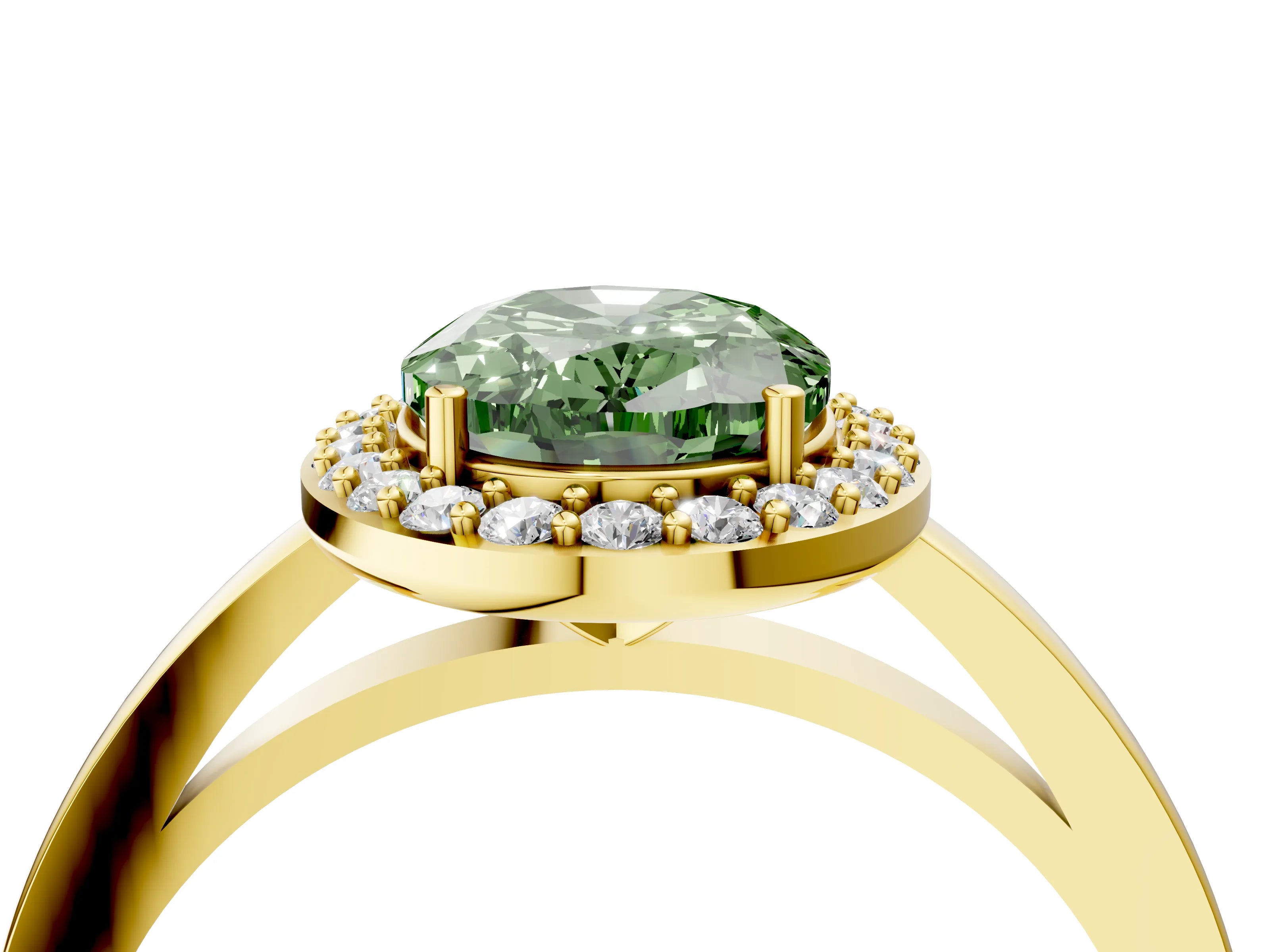 Yellow gold Fancy Green Oval Cut Halo Diamond Ring with Solitaire Band and Prong Setting_4