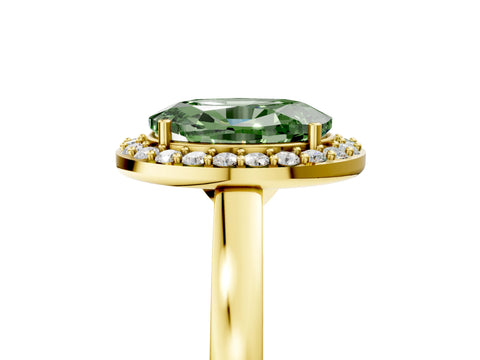 Yellow gold Fancy Green Oval Cut Halo Diamond Ring with Solitaire Band and Prong Setting_5