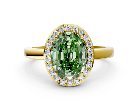 Yellow gold Fancy Green Oval Cut Halo Diamond Ring with Solitaire Band and Prong Setting
