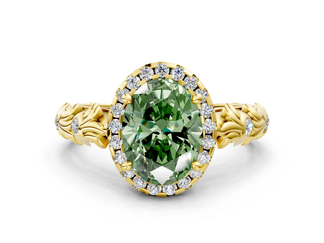 Yellow gold Fancy Green Oval Cut Halo Diamond Solitaire with Filigree Band and Four-Prong Setting_12