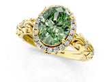 Yellow gold Fancy Green Oval Cut Halo Diamond Solitaire with Filigree Band and Four-Prong Setting_13