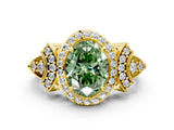 Yellow gold Fancy Green Oval Cut Halo Diamond Split Shank Engagement Ring with Four-Prong Setting