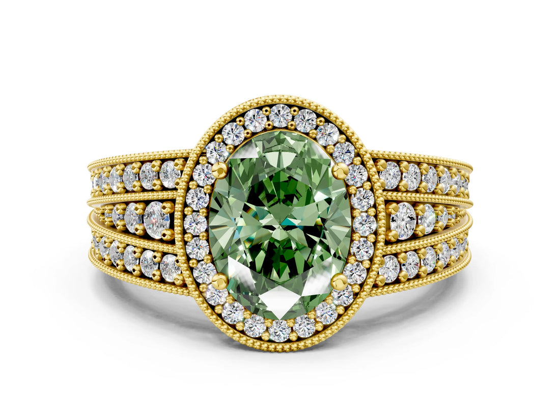 Yellow gold Fancy Green Oval Cut Halo Diamond Split Shank Ring with Prong Setting
