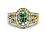 Yellow gold Fancy Green Oval Cut Halo Diamond Split Shank Ring with Prong Setting
