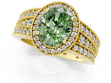 Yellow gold Fancy Green Oval Cut Halo Diamond Split Shank Ring with Prong Setting_1