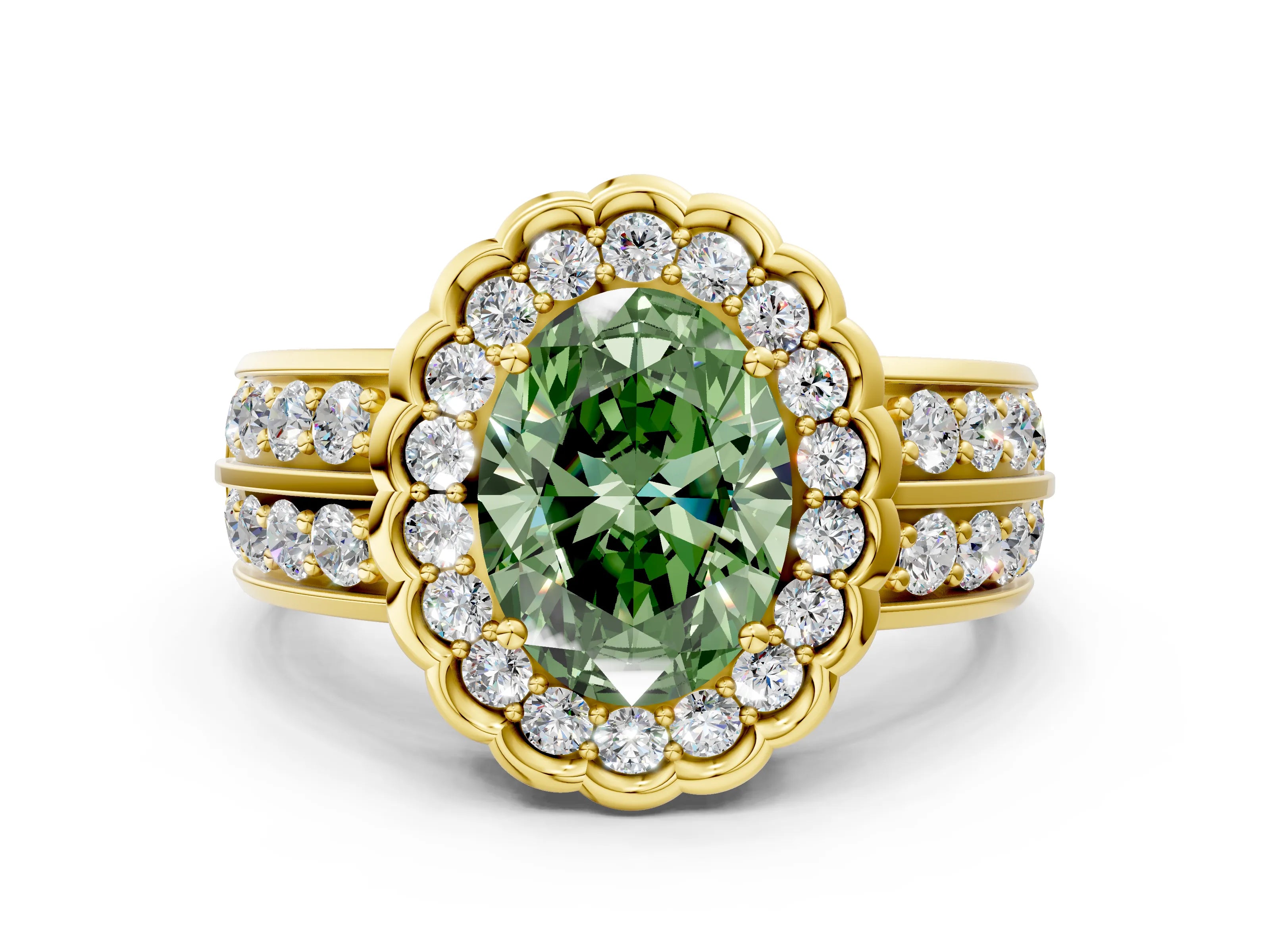 Yellow gold Fancy Green Oval Cut Halo Diamond Split Shank Ring with Scalloped Prong Setting
