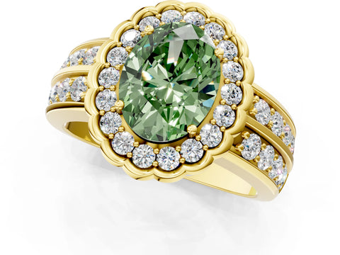 Yellow gold Fancy Green Oval Cut Halo Diamond Split Shank Ring with Scalloped Prong Setting_1