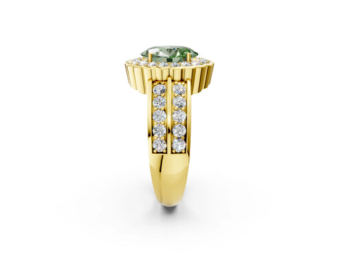 Yellow gold Fancy Green Oval Cut Halo Diamond Split Shank Ring with Scalloped Prong Setting_2