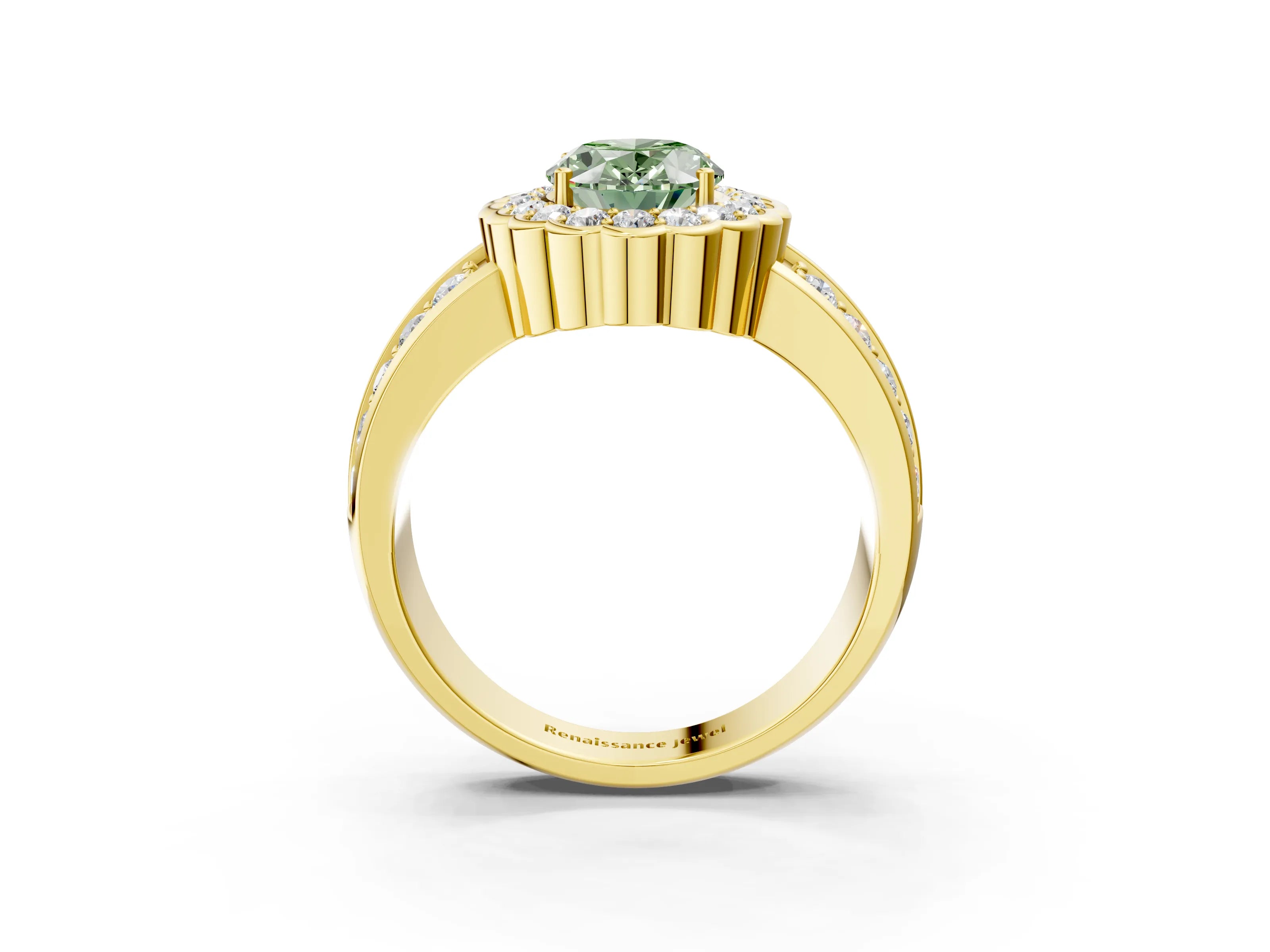 Yellow gold Fancy Green Oval Cut Halo Diamond Split Shank Ring with Scalloped Prong Setting_3