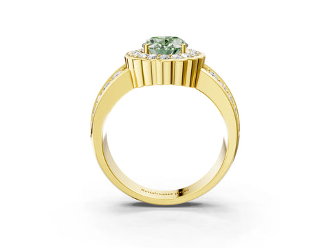 Yellow gold Fancy Green Oval Cut Halo Diamond Split Shank Ring with Scalloped Prong Setting_3